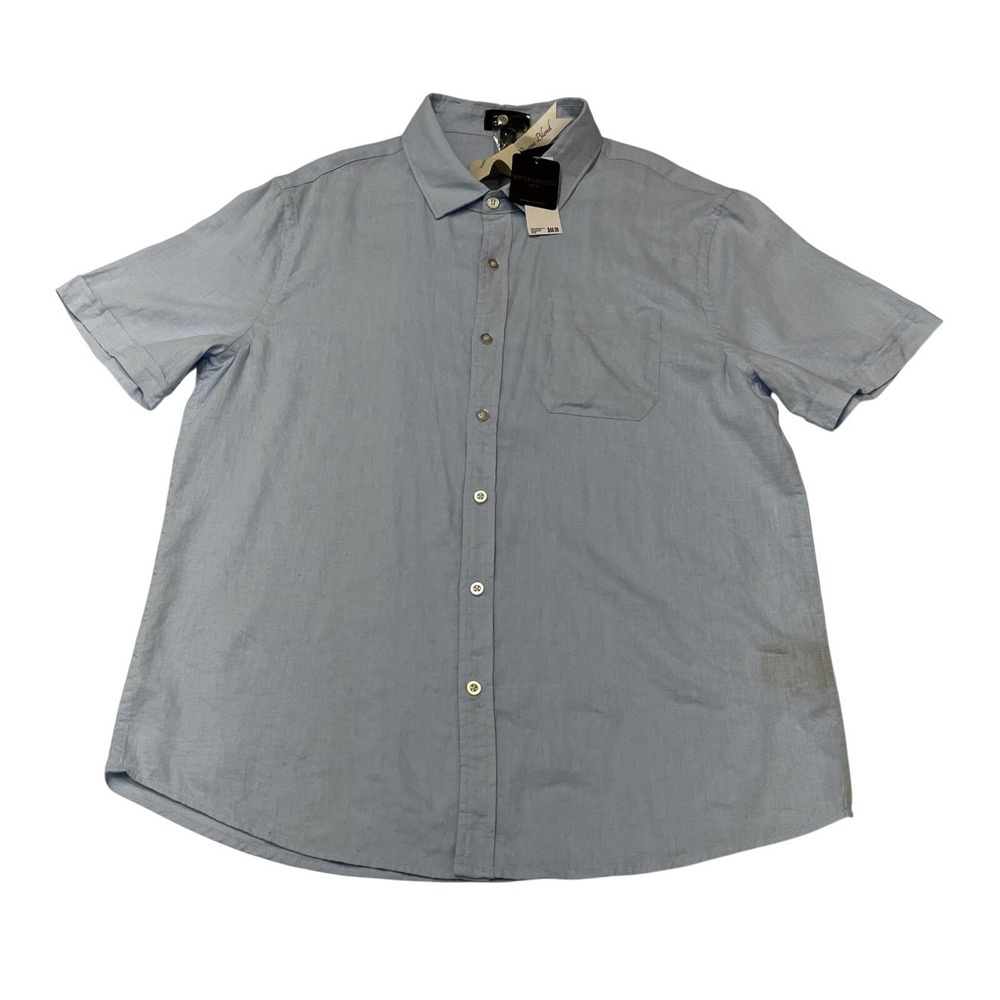 Magaschoni Man Top Blue Linen Blend Button Down Short Sleeve M‎ Coastal Beach